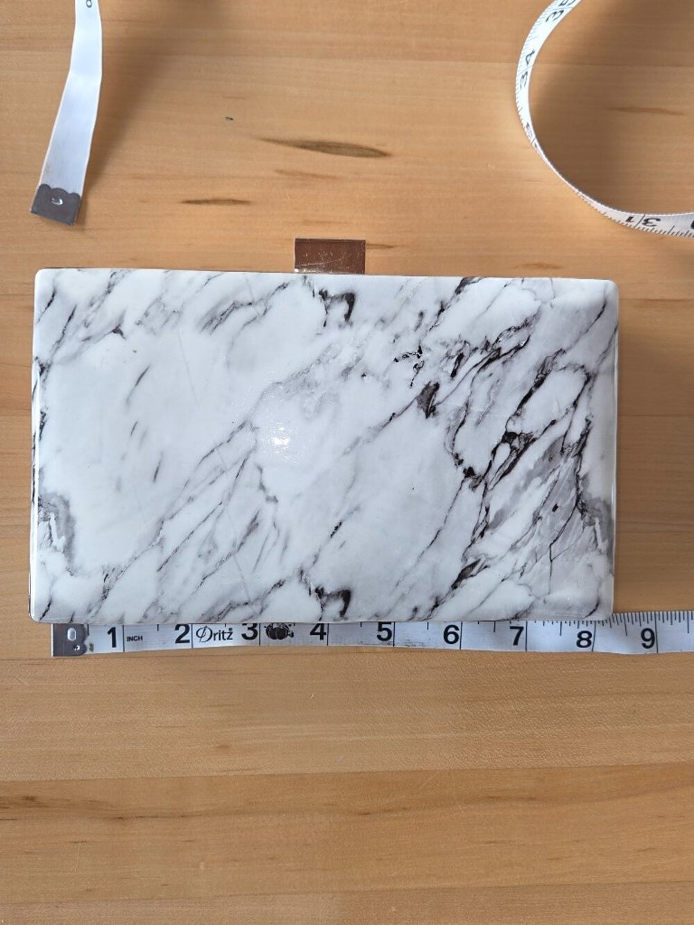 White Marble Clutch With Gold Embellishments And Shoulder Strap